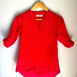 Red v neck top blouse with 3/4 rolled sleeves